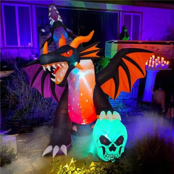 11 FT Inflatable Halloween Giant Fire & Ice Twin-Headed Dragon, LED Blow Up